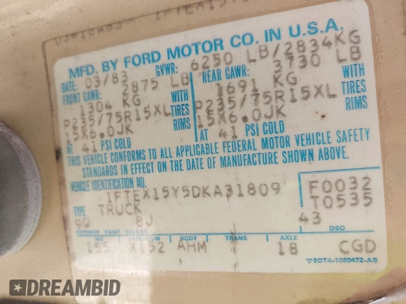 1983 Ford F-150 with VIN 1FTEX15Y5DKA31809, listed as a IAAI auction lot 42719603 with 19,240 mi miles and . Bid and sale history available at DreamBid. Image 9.
