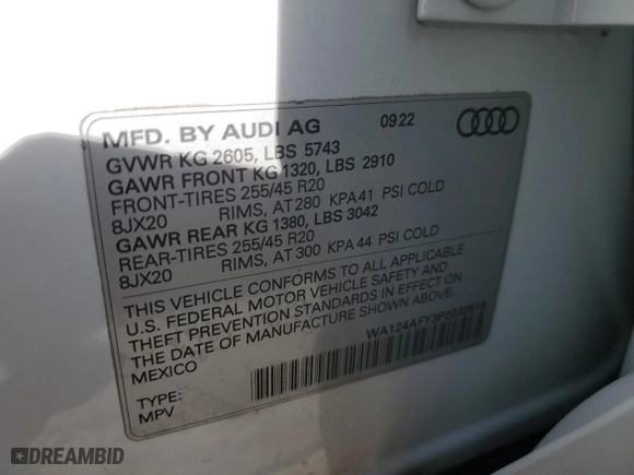 2023 Audi SQ5 Sportback Premium Plus with VIN WA124AFY3P2032515, listed as a Copart auction lot 84814574 with 17,901 mi miles and Salvage Title. Bid and sale history available at carsss.com. Image 16.