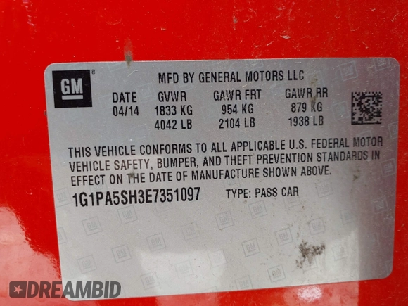 2014 Chevrolet Cruze LS with VIN 1G1PA5SH3E7351097, listed as a IAAI auction lot 41694179 with 140,487 mi miles and . Bid and sale history available at DreamBid. Image 9.