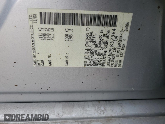 2009 Nissan Maxima SV with VIN 1N4AA51E79C832364, listed as a Copart auction lot 52252355 with 152,191 mi miles and Salvage Title. Bid and sale history available at DreamBid. Image 14.
