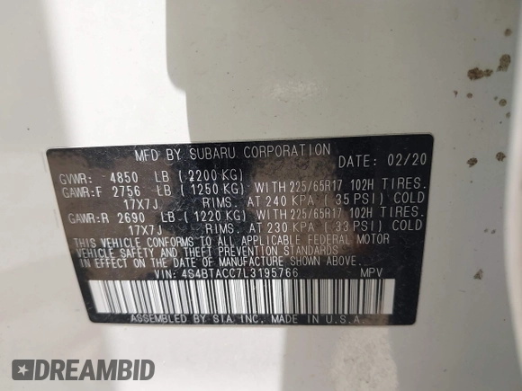 2020 Subaru Outback Premium with VIN 4S4BTACC7L3195766, listed as a IAAI auction lot 42299015 with 82,260 mi miles and . Bid and sale history available at DreamBid. Image 9.