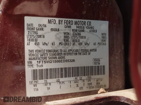 2006 Ford F-250 XL with VIN 1FTSW21586ED55328, listed as a IAAI auction lot 41921699 with 186,362 mi miles and . Bid and sale history available at DreamBid. Image 9.