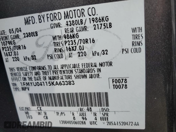 2005 Ford Escape Limited with VIN 1FMYU04115KA63383, listed as a Copart auction lot 59706164 with 212,167 mi miles and Salvage Title. Bid and sale history available at carsss.com. Image 14.
