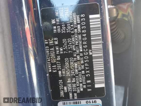 2024 Kia Telluride SX Prestige with VIN 5XYP5DGC6RG483038, listed as a Copart auction lot 87688885 with 16,260 mi miles and Salvage title. Bid and sale history available at DreamBid. Image 16.