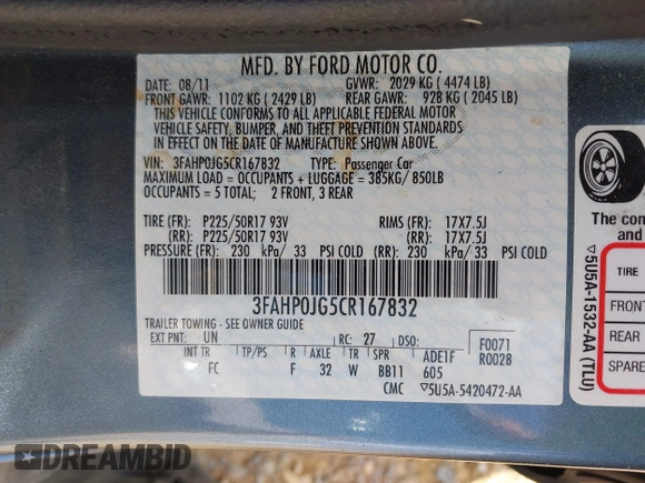 2012 Ford Fusion SEL with VIN 3FAHP0JG5CR167832, listed as a IAAI auction lot 42149376 with 143,960 mi miles and . Bid and sale history available at carsss.com. Image 9.