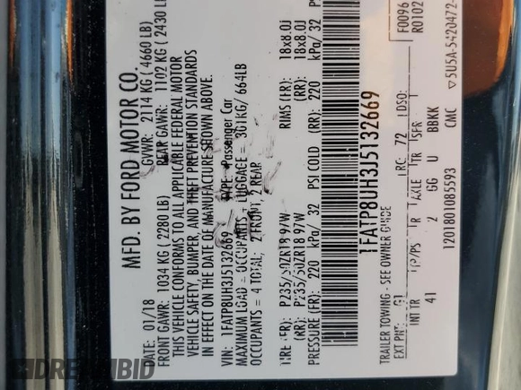 2018 Ford Mustang EcoBoost Premium with VIN 1FATP8UH3J5132669, listed as a Copart auction lot 62137915 with 124,790 mi miles and Salvage title. Bid and sale history available at DreamBid. Image 12.