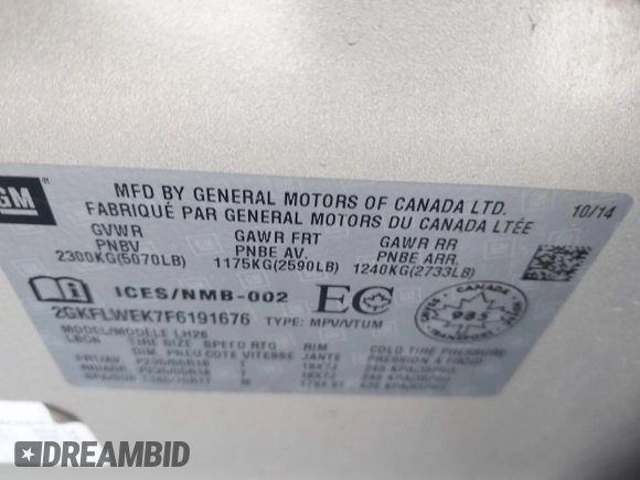 2015 GMC Terrain SLE с VIN 2GKFLWEK7F6191676, выставлен на аукционе IAAI как лот 40430136 с пробегом 108 902 миль миль и . История ставок и продаж доступна на DreamBid. Изображение 9.