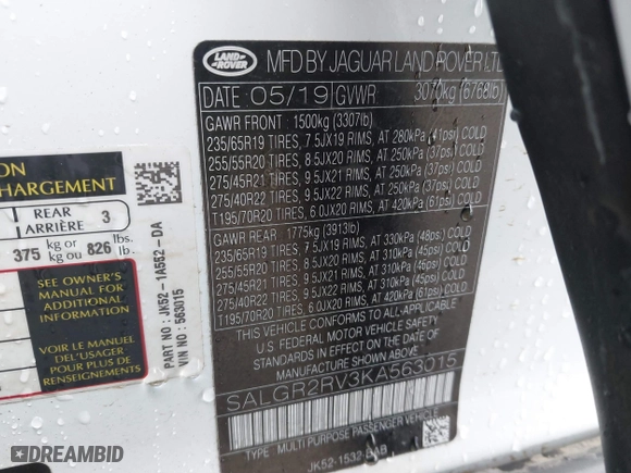 2019 Land Rover Range Rover with VIN SALGR2RV3KA563015, listed as a IAAI auction lot 41680460 with 83,463 mi miles. Bid and sale history available at carsss.com. Image 9.