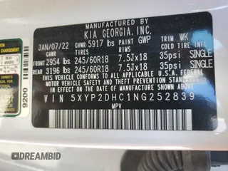 2022 Kia Telluride LX with VIN 5XYP2DHC1NG252839, listed as a Copart auction lot 47855235 with 38,819 mi miles and Salvage Title. Bid and sale history available at DreamBid. Image 14.