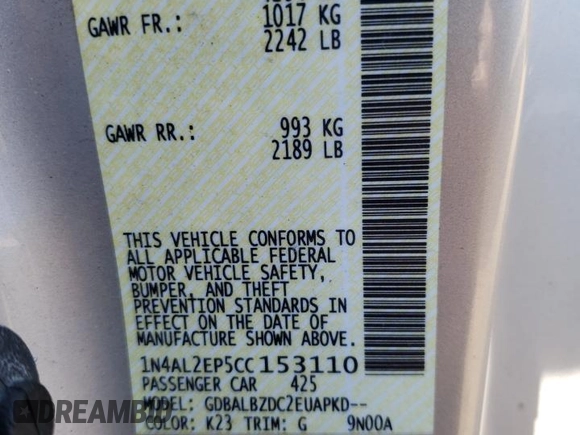 2012 Nissan Altima 2.5 S with VIN 1N4AL2EP5CC153110, listed as a Copart auction lot 64817244 with 154,923 mi miles and Non Repairable. Bid and sale history available at carsss.com. Image 12.