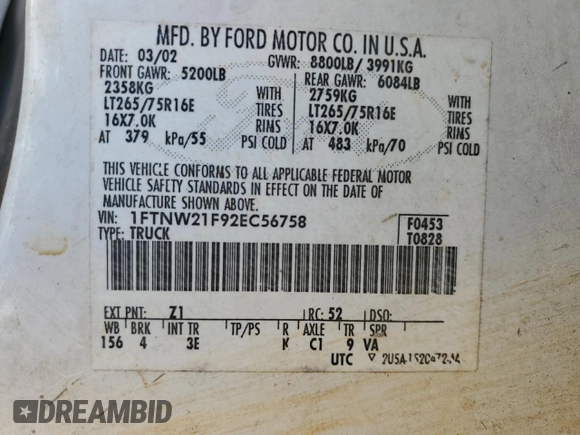 2002 Ford F-250 XL with VIN 1FTNW21F92EC56758, listed as a Copart auction lot 56746595 with 340,715 mi miles and Clean title. Bid and sale history available at DreamBid. Image 13.