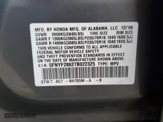2007 Honda Pilot EX-L with VIN 5FNYF28627B022325, listed as a Copart auction lot 84877754 with 110,766 mi miles and Salvage Title. Bid and sale history available at carsss.com. Image 14.