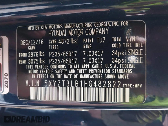 2017 Hyundai Santa Fe 2.4L z VIN 5XYZT3LB1HG482822, wystawiony jako IAAI lot #40114379 z przebiegiem 110 803 mil mil oraz . Historia ofert i sprzedaży dostępna na DreamBid. Obrazek 9.