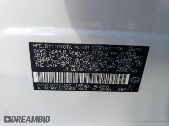 2007 Lexus LS 460 z VIN JTHBL46F775046147, wystawiony jako Copart lot #54709945 z przebiegiem 144 997 mil mil oraz Szkoda całkowita • Salvage title. Historia ofert i sprzedaży dostępna na DreamBid. Obrazek 12.