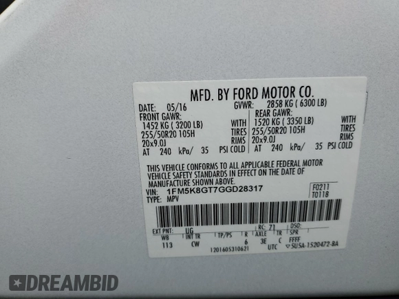2016 Ford Explorer Sport with VIN 1FM5K8GT7GGD28317, listed as a Copart auction lot 55610145 with 156,532 mi miles and Salvage Title. Bid and sale history available at DreamBid. Image 13.