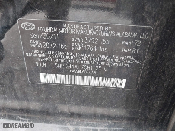 2012 Hyundai Elantra GLS with VIN 5NPDH4AE7CH112510, listed as a IAAI auction lot 40467994 with 151,781 mi miles. Bid and sale history available at carsss.com. Image 9.