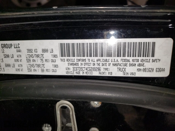 2012 Ram 2500 ST with VIN 3C6TD5CT4CG289296, listed as a Copart auction lot 53002695 with 101,427 mi miles and Salvage Title. Bid and sale history available at carsss.com. Image 12.