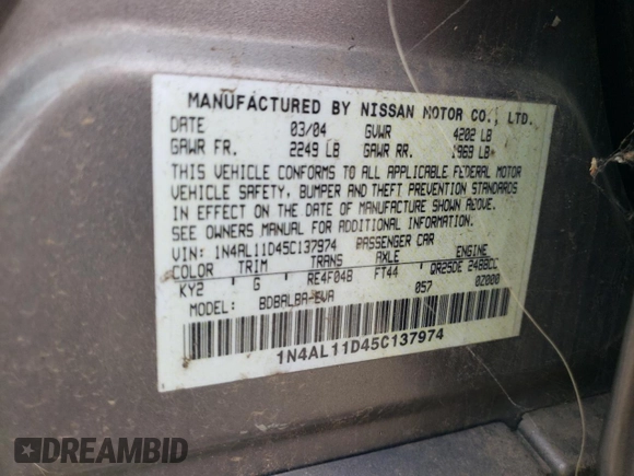 2005 Nissan Altima 2.5 with VIN 1N4AL11D45C137974, listed as a Copart auction lot 86982304 with 186,750 mi miles and Salvage Title. Bid and sale history available at carsss.com. Image 14.