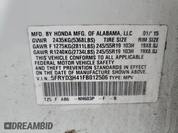 2015 Acura MDX Technology with VIN 5FRYD3H41FB012506, listed as a Copart auction lot 79492514 with 236,232 mi miles and Salvage Title. Bid and sale history available at DreamBid. Image 13.