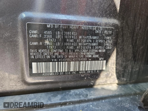 2013 Subaru Outback Premium with VIN 4S4BRBGC4D3284999, listed as a Copart auction lot 62679085 with 119,862 mi miles and Clean title. Bid and sale history available at DreamBid. Image 13.
