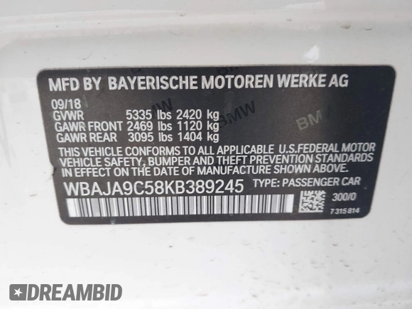 2019 BMW 5 Series 530e with VIN WBAJA9C58KB389245, listed as a IAAI auction lot 42111193 with 88,383 mi miles and . Bid and sale history available at DreamBid. Image 9.