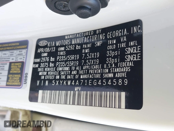 2014 Kia Sorento SX Limited with VIN 5XYKW4A71EG454589, listed as a IAAI auction lot 41421301 with 93,073 mi miles. Bid and sale history available at carsss.com. Image 9.