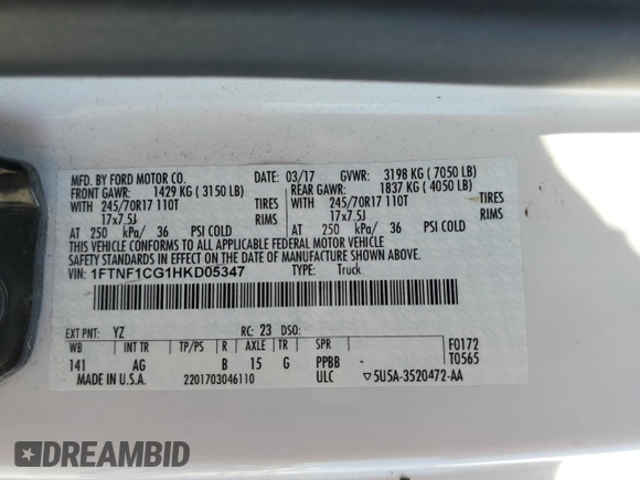2017 Ford F-150 XL with VIN 1FTNF1CG1HKD05347, listed as a Copart auction lot 61321594 with 165,135 mi miles and Salvage title. Bid and sale history available at DreamBid. Image 14.