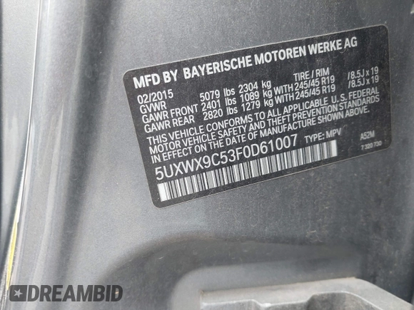 2015 BMW X3 xDrive28i z VIN 5UXWX9C53F0D61007, wystawiony jako IAAI lot #42299523 z przebiegiem 183 205 mil mil oraz . Historia ofert i sprzedaży dostępna na DreamBid. Obrazek 9.