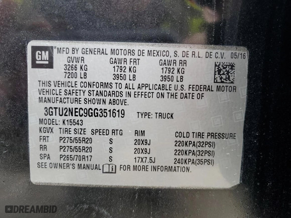 2016 GMC Sierra 1500 SLT with VIN 3GTU2NEC9GG351619, listed as a Copart auction lot 89023575 with 98,575 mi miles and Salvage Title. Bid and sale history available at carsss.com. Image 12.