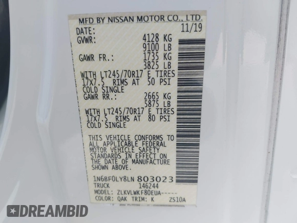 2020 Nissan NV Cargo SV z VIN 1N6BF0LY8LN803023, wystawiony jako IAAI lot #41555879 z przebiegiem 54 421 mil mil oraz . Historia ofert i sprzedaży dostępna na DreamBid. Obrazek 9.