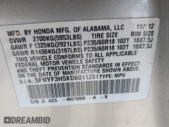 2013 Honda Pilot EX-L with VIN 5FNYF3H5XDB011291, listed as a IAAI auction lot 41266102 with 89,237 mi miles. Bid and sale history available at carsss.com. Image 9.