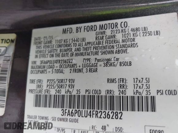 2015 Ford Fusion SE Hybrid with VIN 3FA6P0LU4FR236282, listed as a IAAI auction lot 42006659 with 146,931 mi miles and . Bid and sale history available at DreamBid. Image 9.