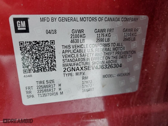2018 Chevrolet Equinox LT with VIN 2GNAXSEV4J6326304, listed as a Copart auction lot 42617695 with 111,922 mi miles and Clean Title. Bid and sale history available at carsss.com. Image 14.