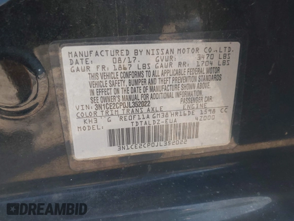 2018 Nissan Note SV with VIN 3N1CE2CP0JL352022, listed as a IAAI auction lot 42569565 with 110,390 mi miles and . Bid and sale history available at DreamBid. Image 9.