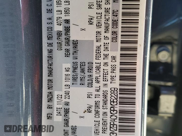 2023 Mazda 3 S Preferred with VIN 3MZBPACM3PM352289, listed as a Copart auction lot 46270905 with 20,832 mi miles and Salvage Title. Bid and sale history available at DreamBid. Image 12.