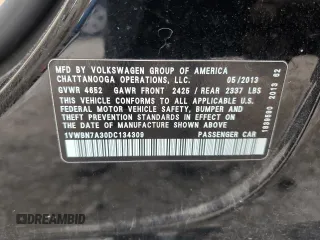 2013 Volkswagen Passat SE with VIN 1VWBN7A30DC134309, listed as a Copart auction lot 55862505 with 162,649 mi miles and Salvage title. Bid and sale history available at DreamBid. Image 12.
