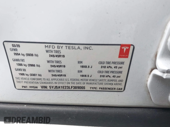 2020 Tesla Model S Long Range with VIN 5YJSA1E23LF389065, listed as a IAAI auction lot 41131372 with Not Provided miles. Bid and sale history available at carsss.com. Image 9.