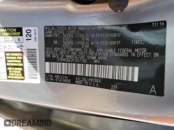 2015 Toyota Sienna XLE with VIN 5TDYK3DC2FS557260, listed as a Copart auction lot 50147465 with 177,492 mi miles and Salvage Title. Bid and sale history available at carsss.com. Image 14.