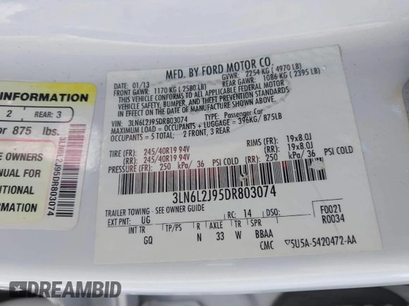 2013 Lincoln MKZ with VIN 3LN6L2J95DR803074, listed as a IAAI auction lot 41331345 with 151,433 mi miles. Bid and sale history available at carsss.com. Image 9.