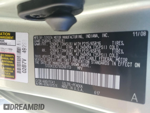 2009 Toyota Sienna CE with VIN 5TDZK23C79S266113, listed as a Copart auction lot 54671735 with 142,367 mi miles and Clean Title. Bid and sale history available at carsss.com. Image 14.