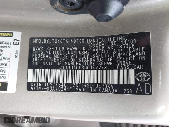 2009 Toyota Corolla with VIN 2T1BU40E69C147278, listed as a IAAI auction lot 42236997 with 160,954 mi miles and . Bid and sale history available at DreamBid. Image 9.