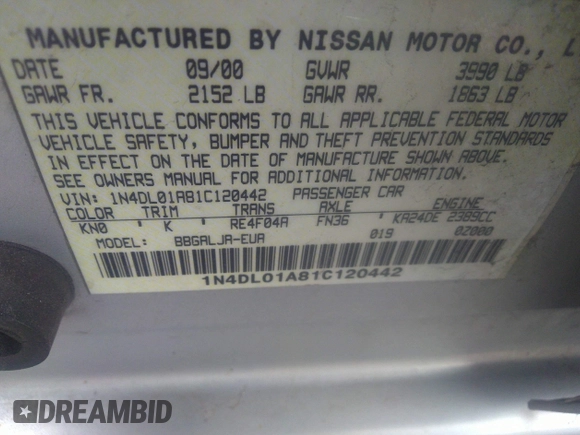 2001 Nissan Altima GXE with VIN 1N4DL01A81C120442, listed as a IAAI auction lot 36104251 with 0 mi miles. Bid and sale history available at carsss.com. Image 9.