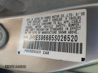 2005 Honda Civic with VIN JHMES96685S026520, listed as a IAAI auction lot 41818392 with 193,805 mi miles and . Bid and sale history available at DreamBid. Image 9.