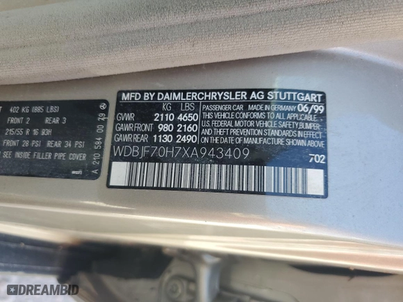 1999 Mercedes-Benz E-Class with VIN WDBJF70H7XA943409, listed as a Copart auction lot 75458484 with 0 mi miles and Salvage Title. Bid and sale history available at carsss.com. Image 13.