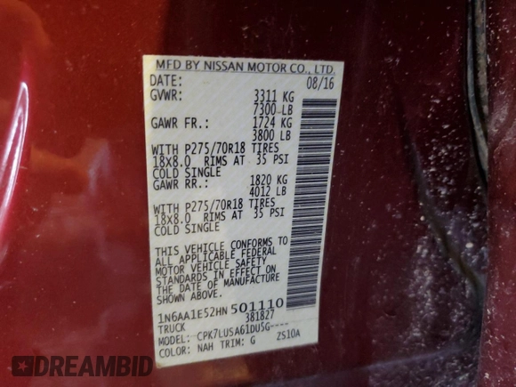 2017 Nissan Titan Platinum Reserve with VIN 1N6AA1E52HN501110, listed as a Copart auction lot 48202935 with 83,674 mi miles and Salvage title. Bid and sale history available at DreamBid. Image 12.