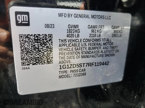 2024 Chevrolet Malibu LT with VIN 1G1ZD5ST7RF119442, listed as a Copart auction lot 55257595 with Not Provided miles and Non Repairable. Bid and sale history available at DreamBid. Image 13.
