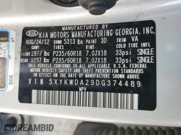 2013 Kia Sorento SX with VIN 5XYKWDA29DG374489, listed as a Copart auction lot 61231695 with 162,579 mi miles and Non repairable. Bid and sale history available at DreamBid. Image 13.