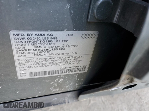 2023 Audi Q5 S line Premium with VIN WA1GAAFY5P2091998, listed as a Copart auction lot 42905015 with 14,041 mi miles and Salvage title. Bid and sale history available at DreamBid. Image 13.