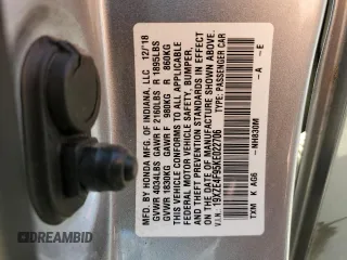 2019 Honda Insight Touring with VIN 19XZE4F95KE022706, listed as a Copart auction lot 52187015 with 58,294 mi miles and Salvage Title. Bid and sale history available at DreamBid. Image 12.