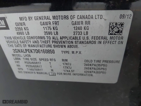 2013 Chevrolet Equinox LT with VIN 2GNALPEK7D6160850, listed as a IAAI auction lot 40162556 with 139,125 mi miles. Bid and sale history available at carsss.com. Image 9.